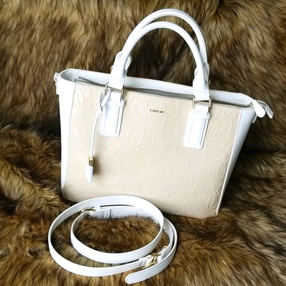 bebe Cream and White Embossed Leather Shoulder Bag